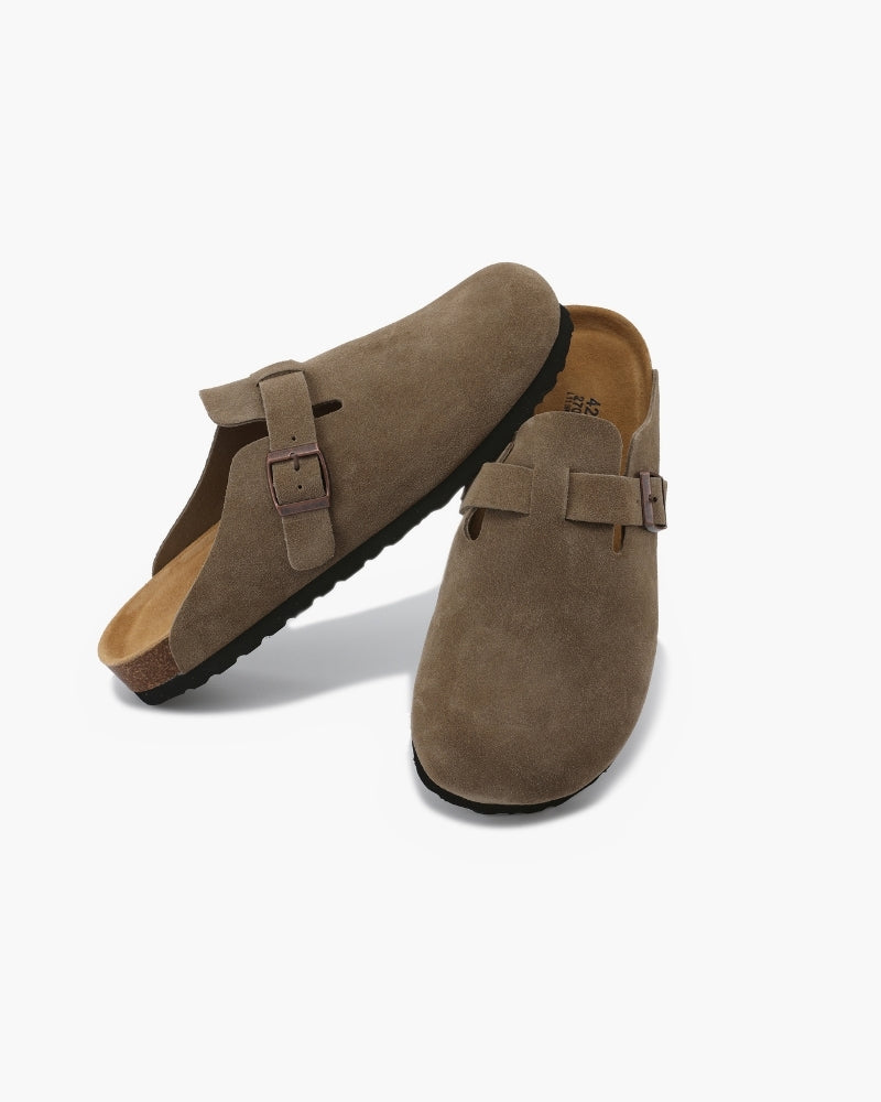 Procida Suede Clog on-body side view olive suede spring summer editorial