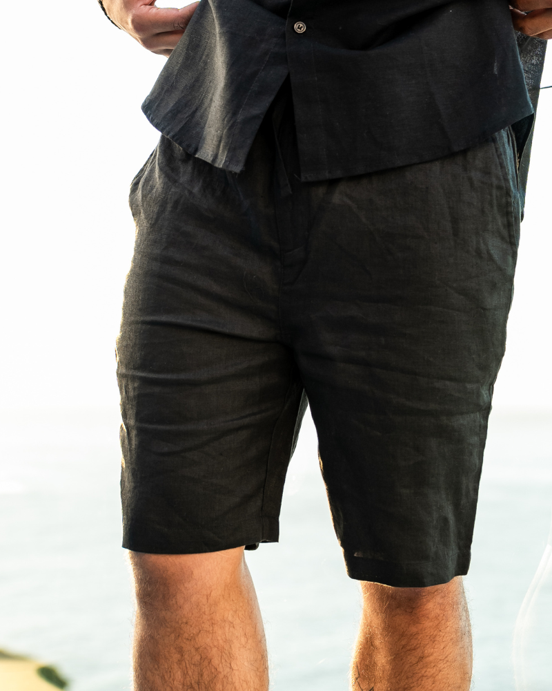 Ischia Linen Shorts back view beige linen shorts clean seam and finish construction