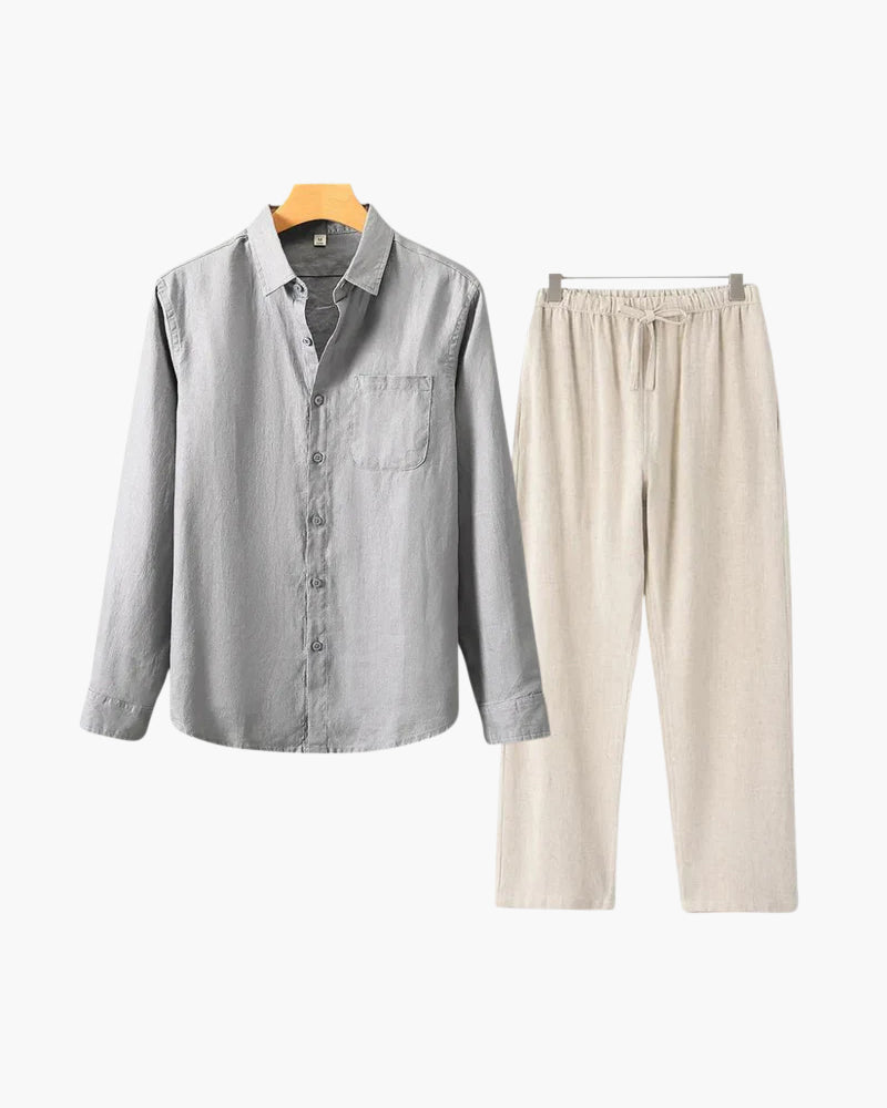 Catania Linen Set side profile view linen shirt trouser straight leg construction detail