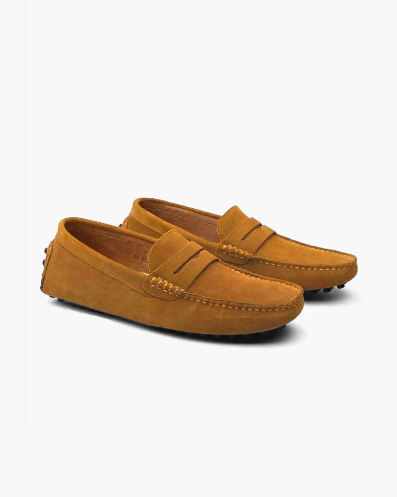 Tropea Suede Driver Loafer front view caramel suede pebble outsole detail