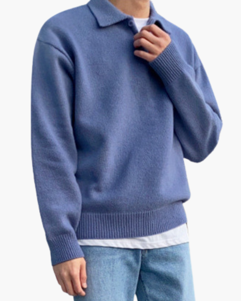 Trento Wool Sweater detail view ribbed collar cuff and button placket construction