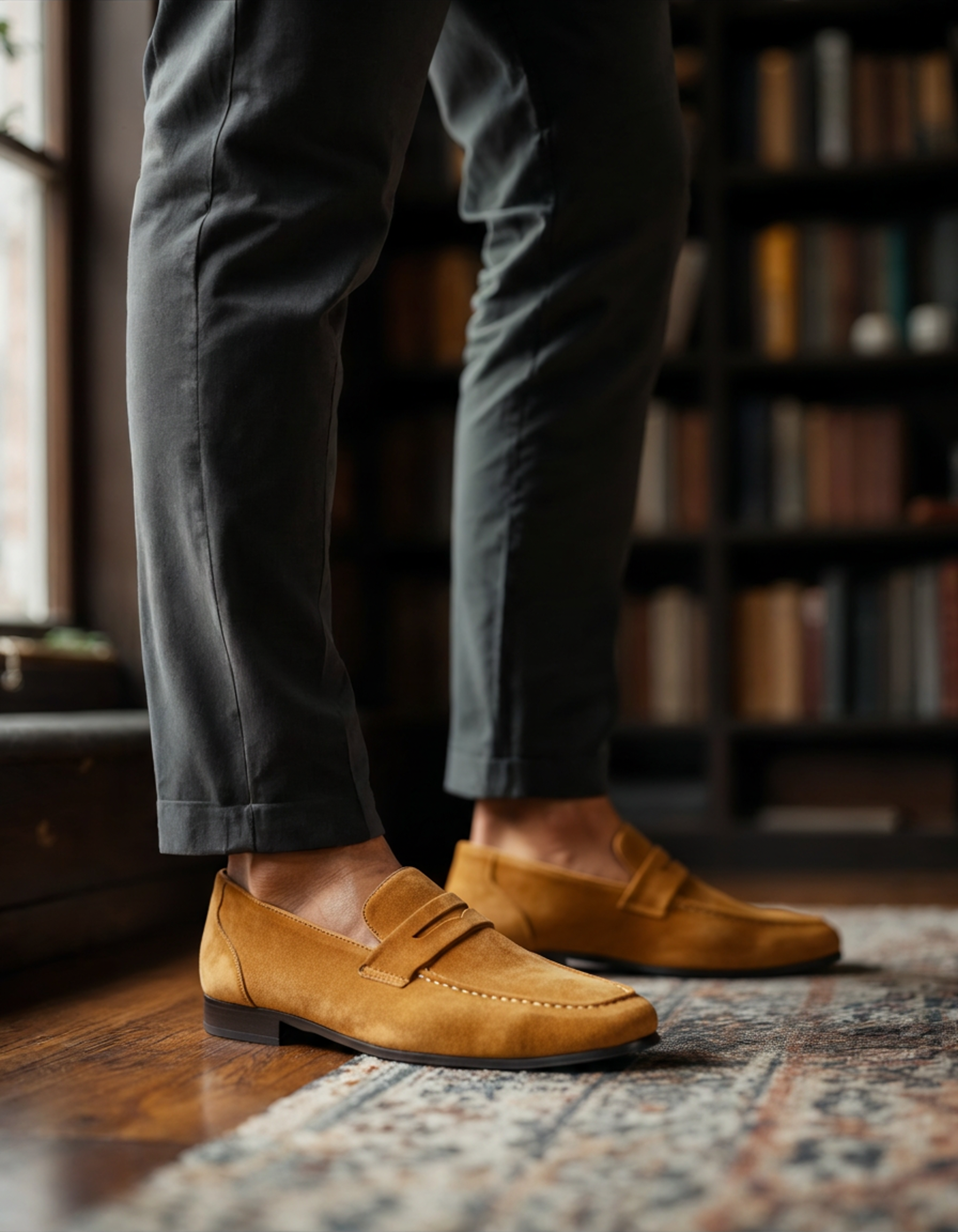 Ferrara Suede Loafer detail view penny strap and round toe suede construction close-up