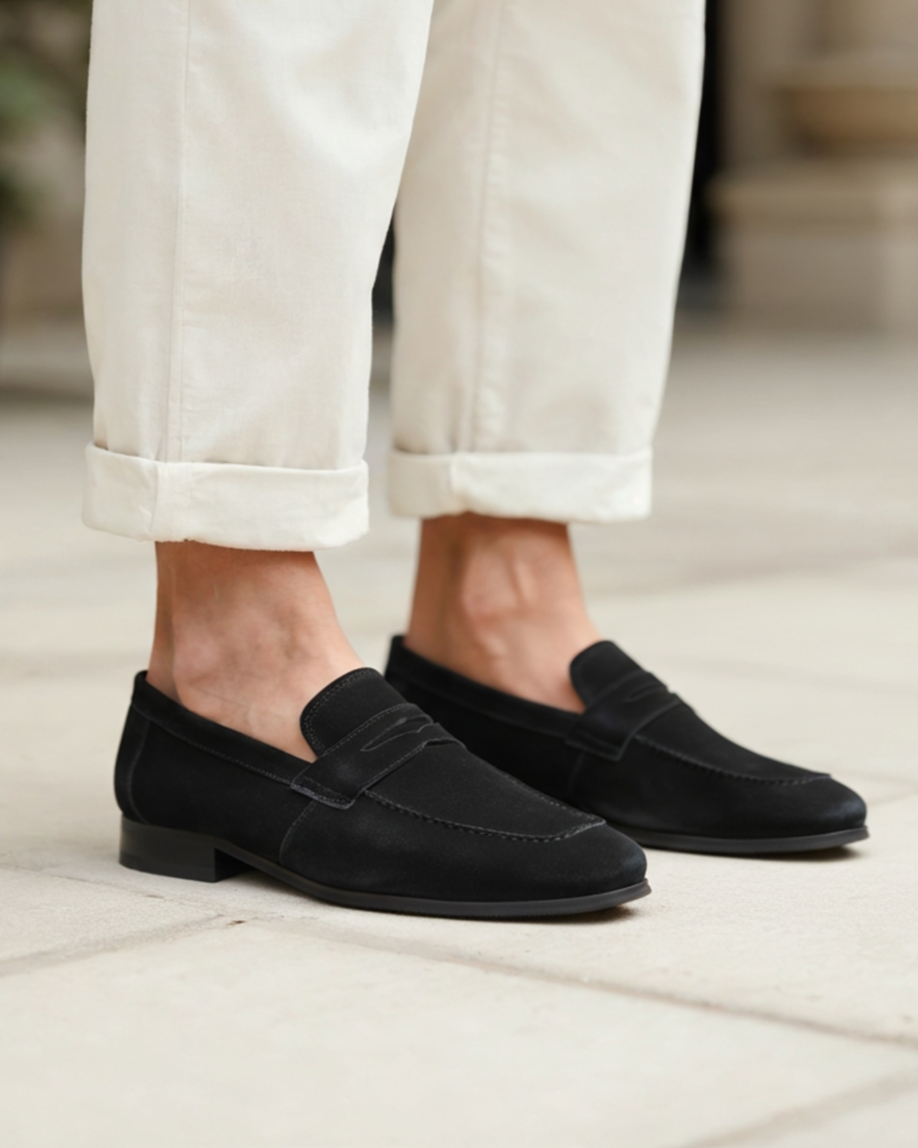 Ferrara Suede Loafer front view black calf suede penny loafer leather insole studio