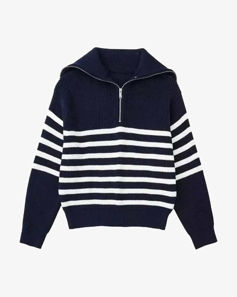 Striped Zip Up Sweater side profile white striped knitwear Italian Design