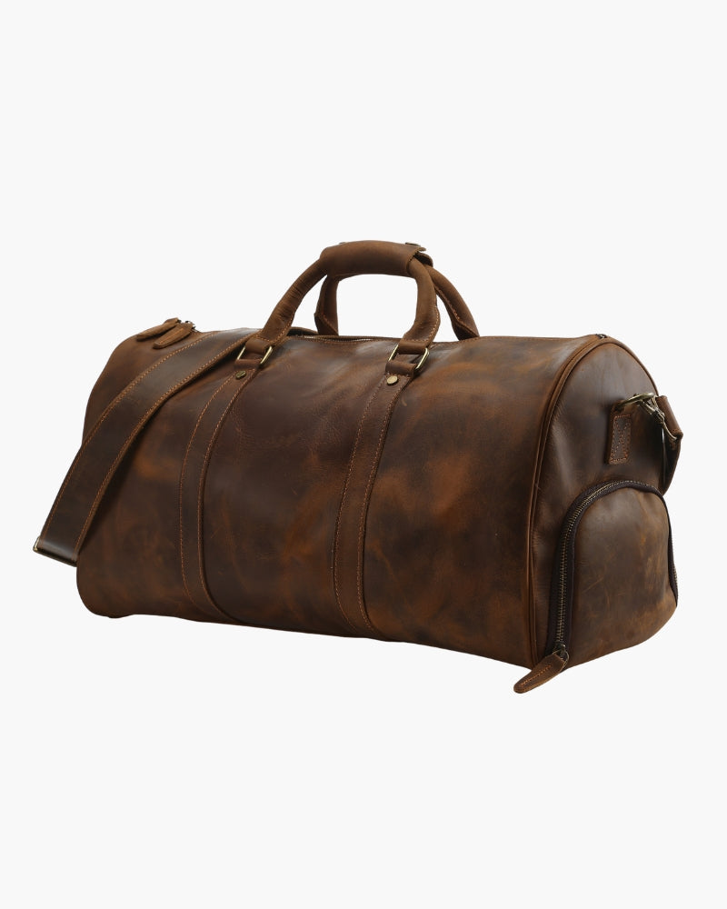 Montague Leather Duffle on-body view brown leather Italian Design