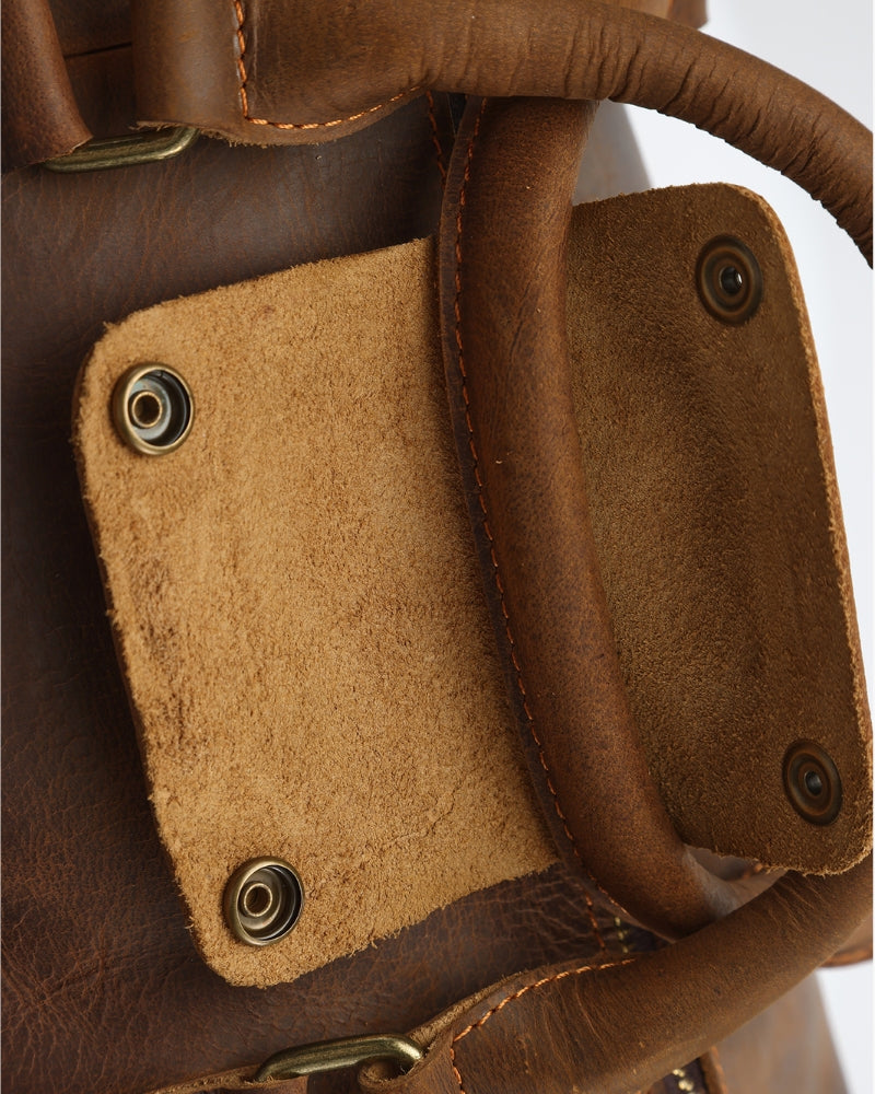 Montague Leather Duffle detail view brown leather Italian Design