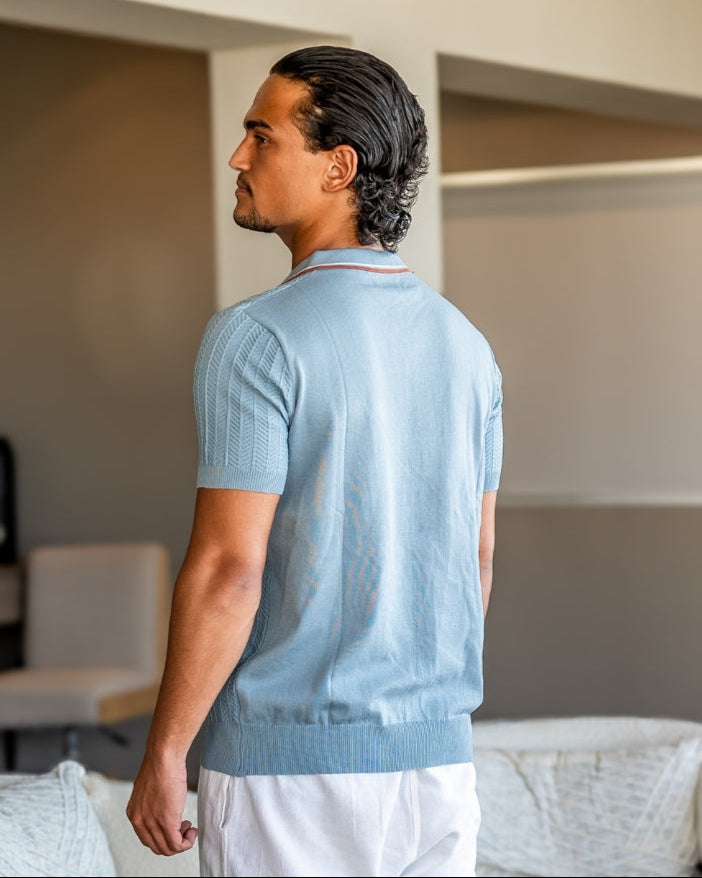 Ashford Knit Polo side profile blue gray polo shirt Italian Design