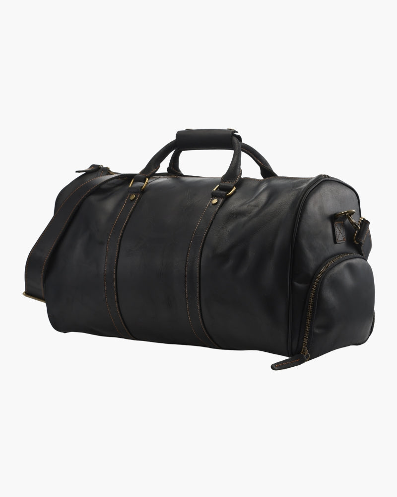 Montague Leather Duffle editorial view dark brown leather Italian Design