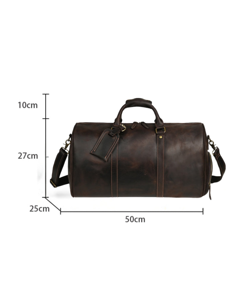 Montague Leather Duffle side profile brown leather Italian Design