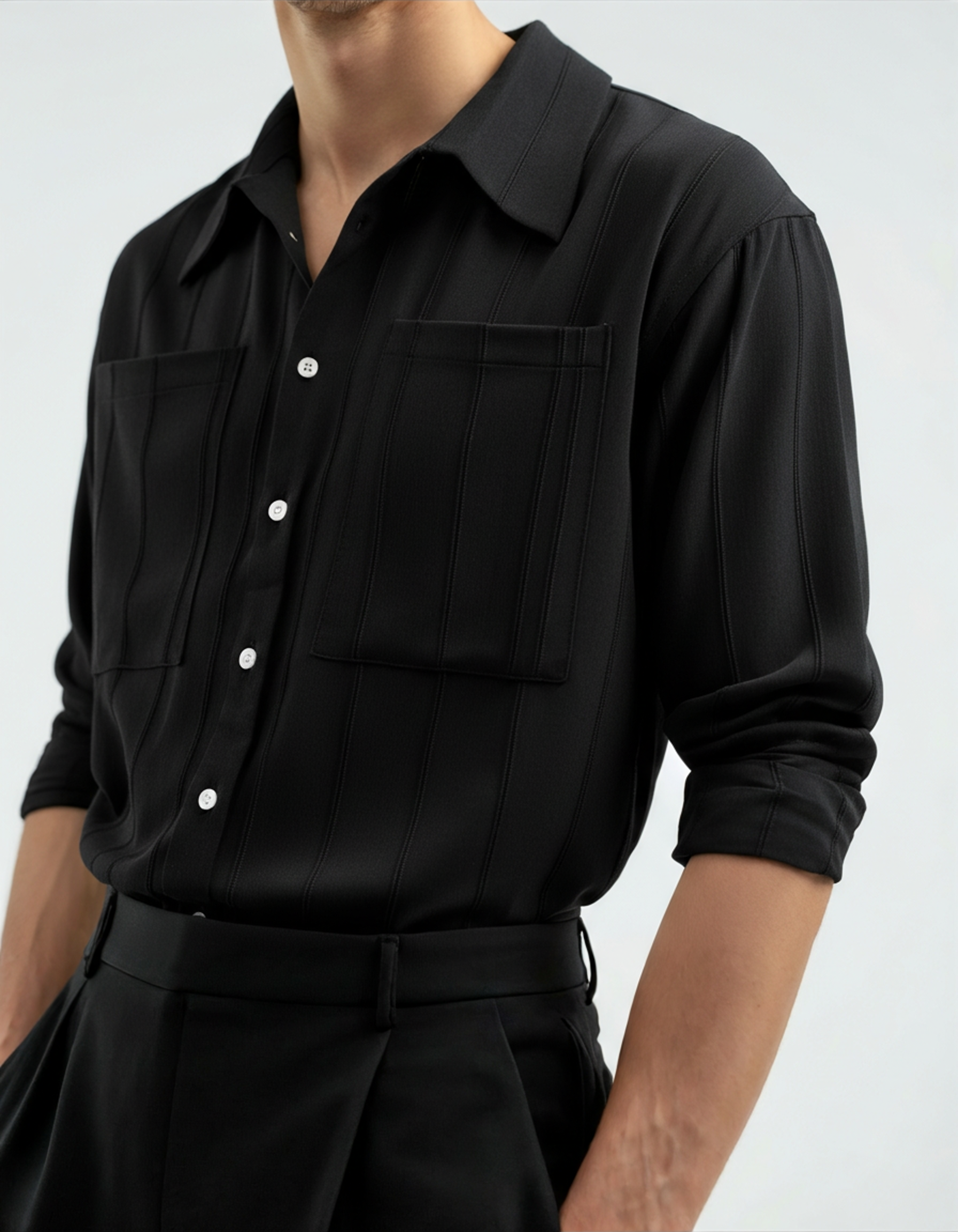 ST Tropez Ribbed Shirt studio view black shirt Italian Design