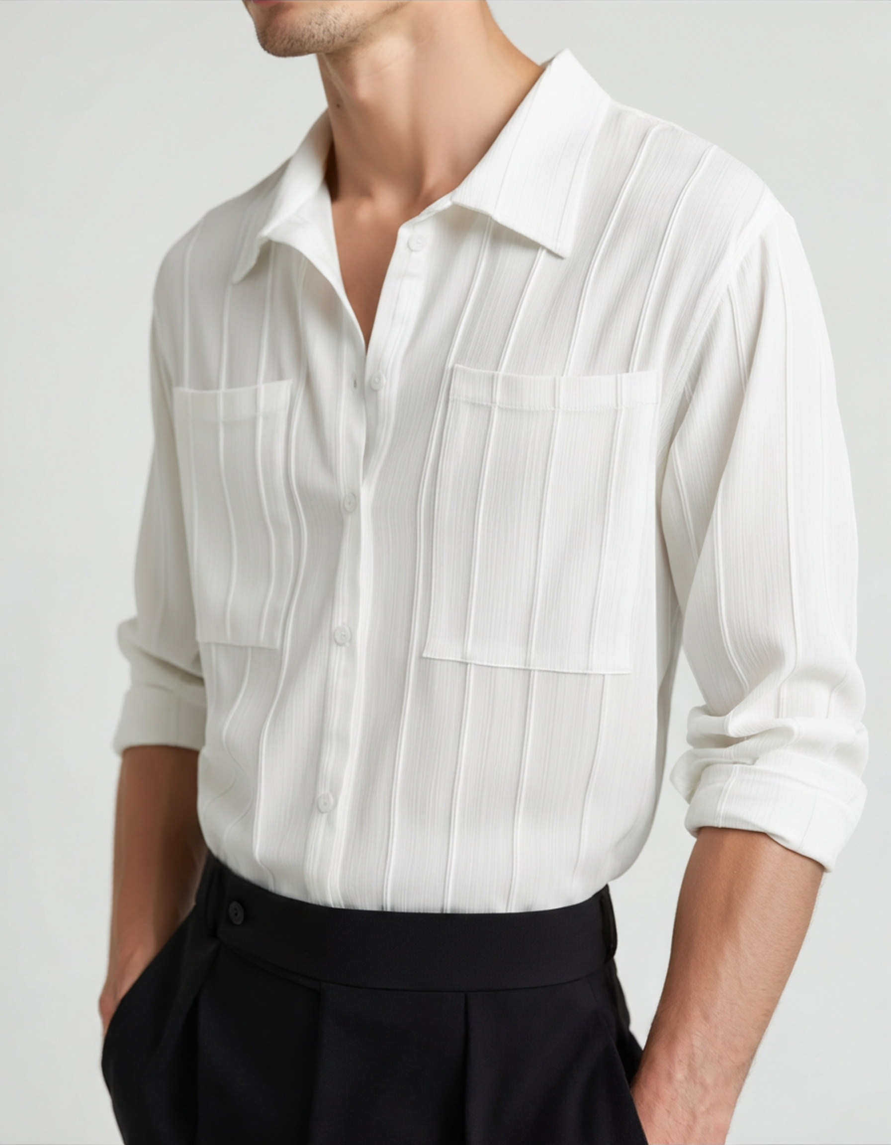 ST Tropez Ribbed Shirt front view white shirt Italian Design