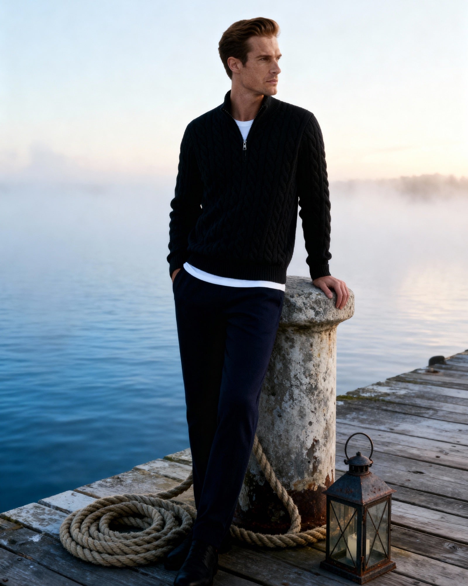 Fiesole Half Zip Sweater close-up ribbed collar gray cotton construction detail