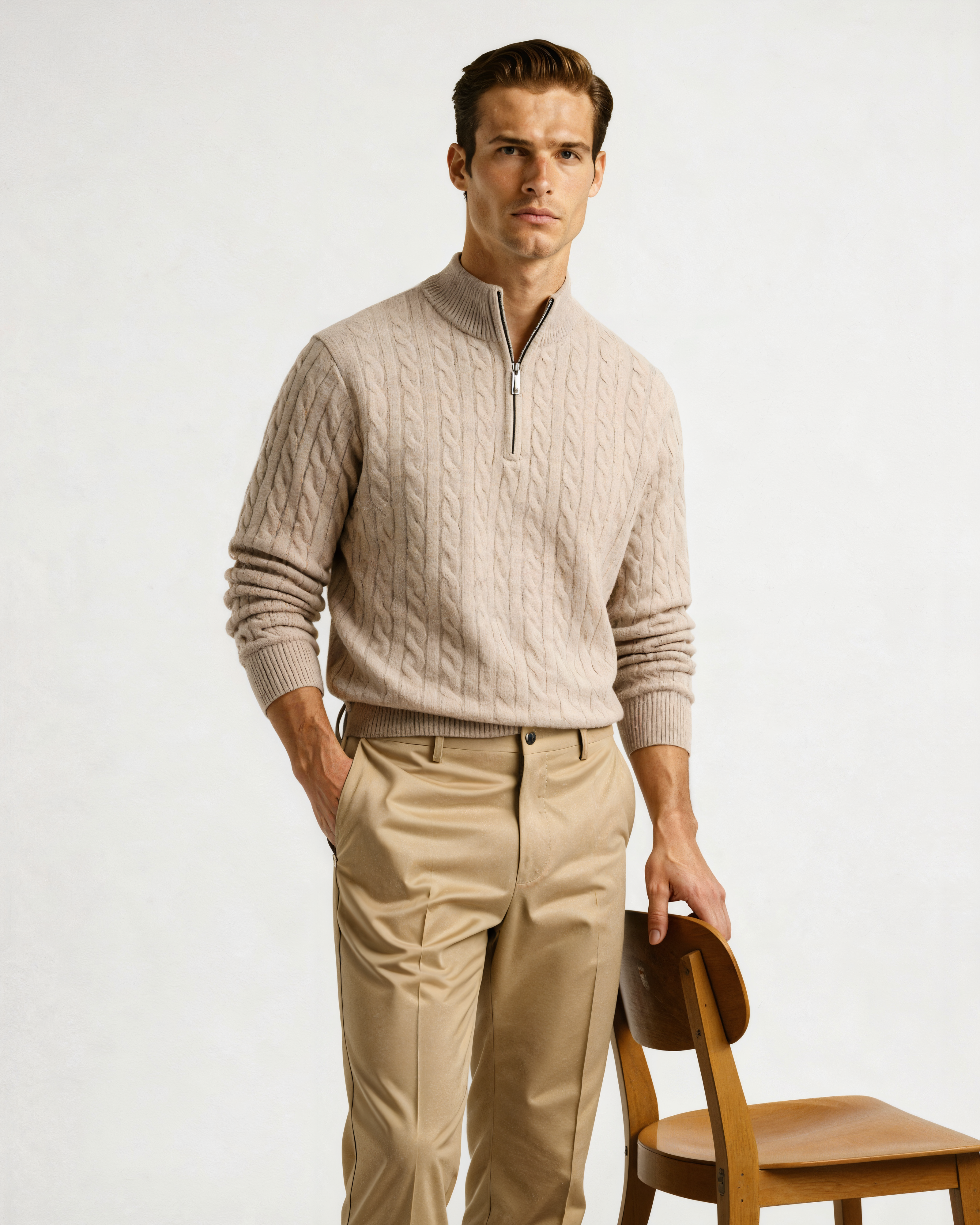 100% Cashmere Woven Half Zip side profile beige cashmere Italian Design