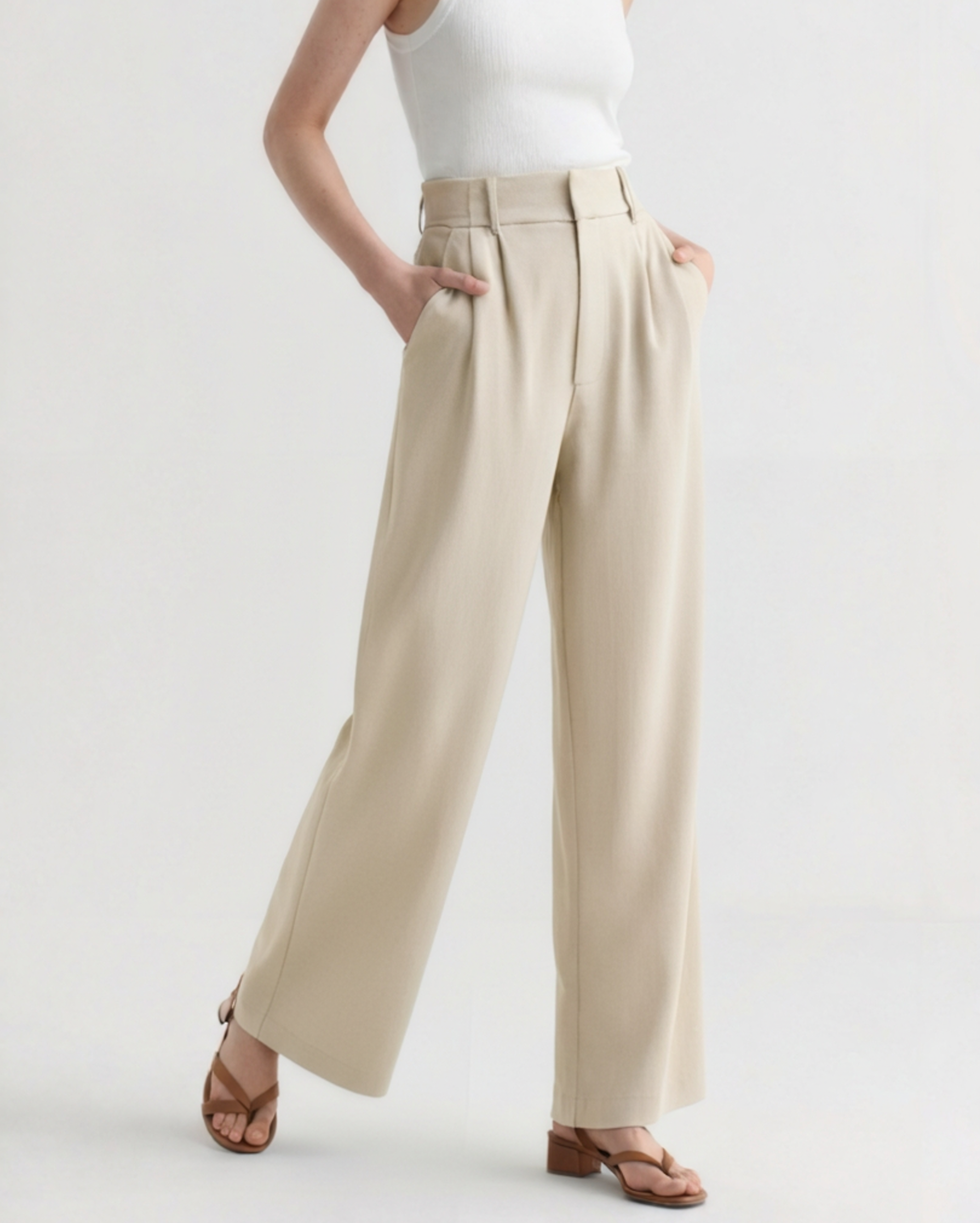 Serena Wide-Leg Trousers on-body view beige trouser Italian Design