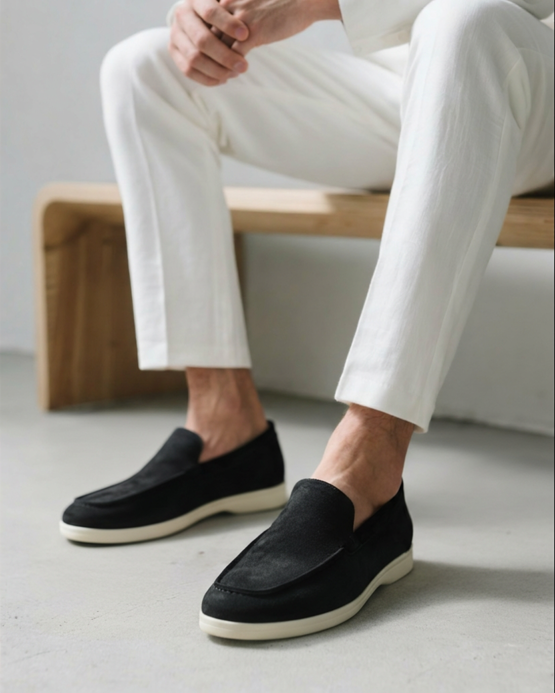 Venezia Suede Loafer front view black suede rubber outsole construction