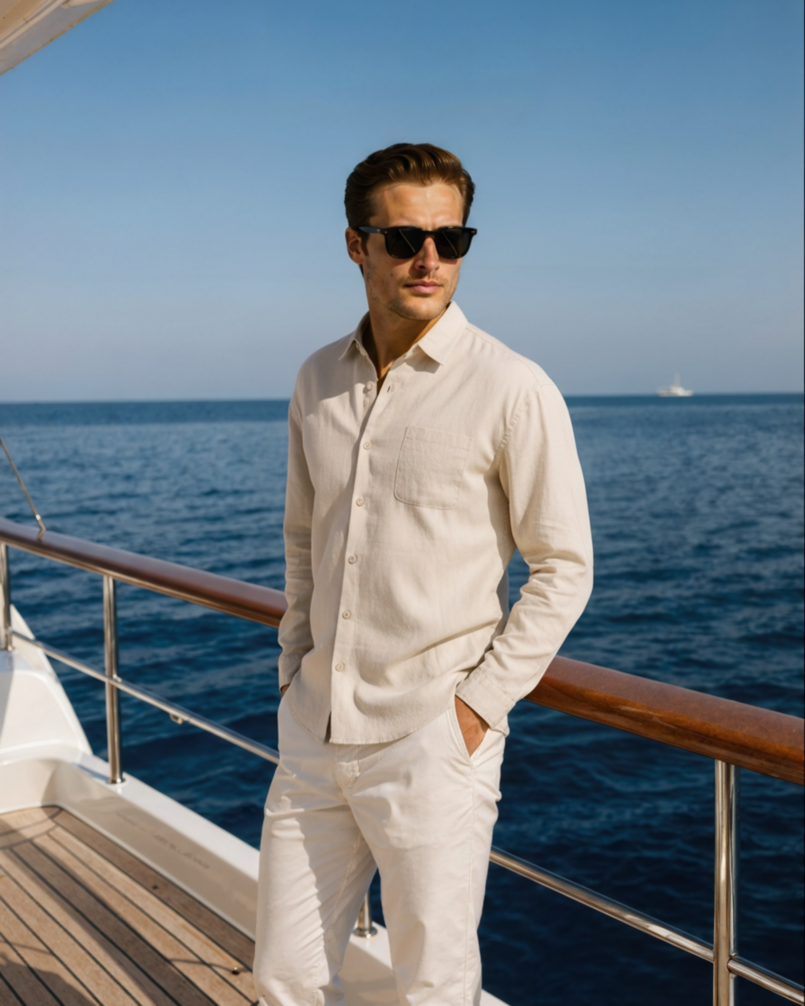 Genova Linen Shirt front view beige 100% linen clean collar studio