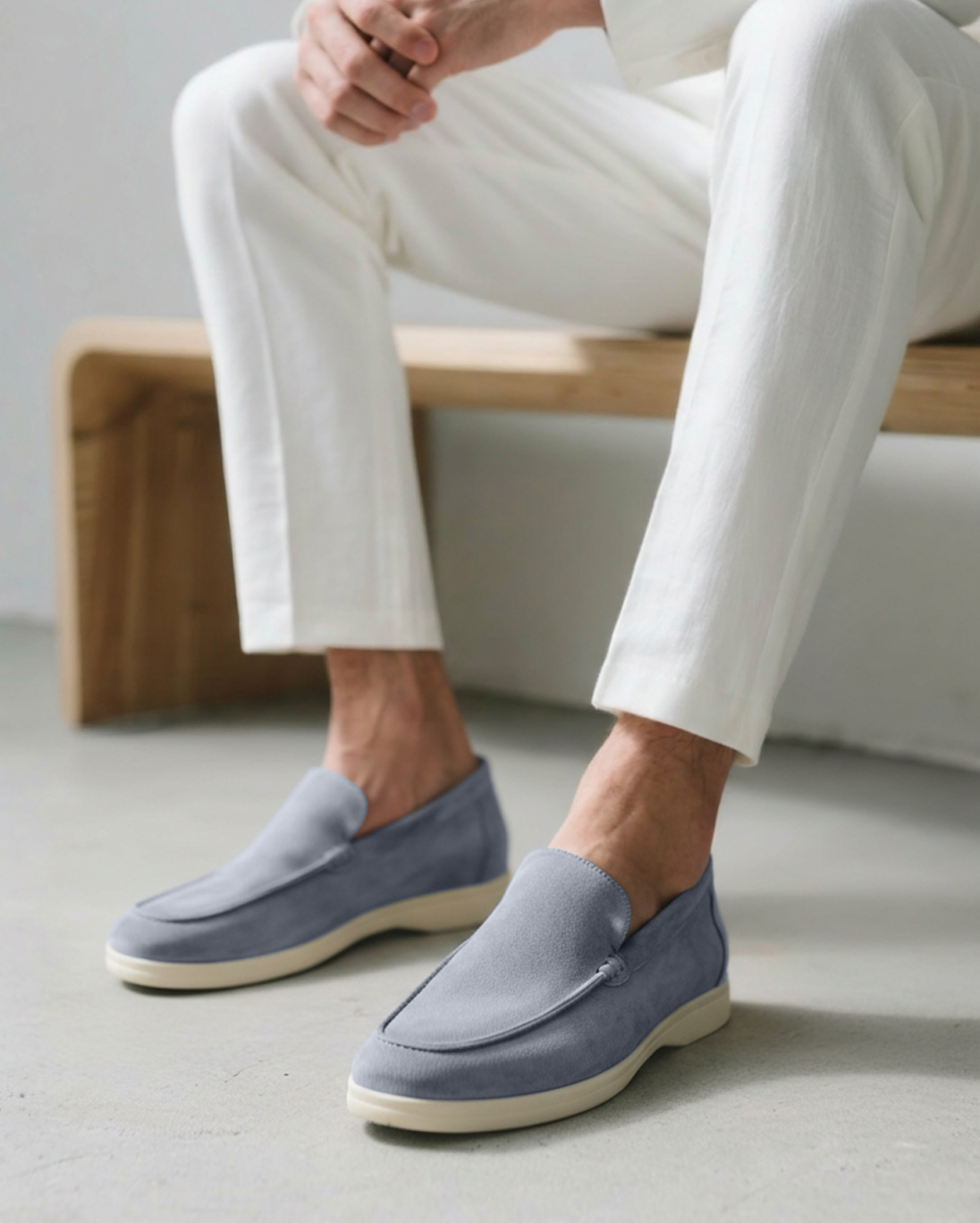 Venezia Suede Loafer top view fog blue suede hand-stitched seam detail