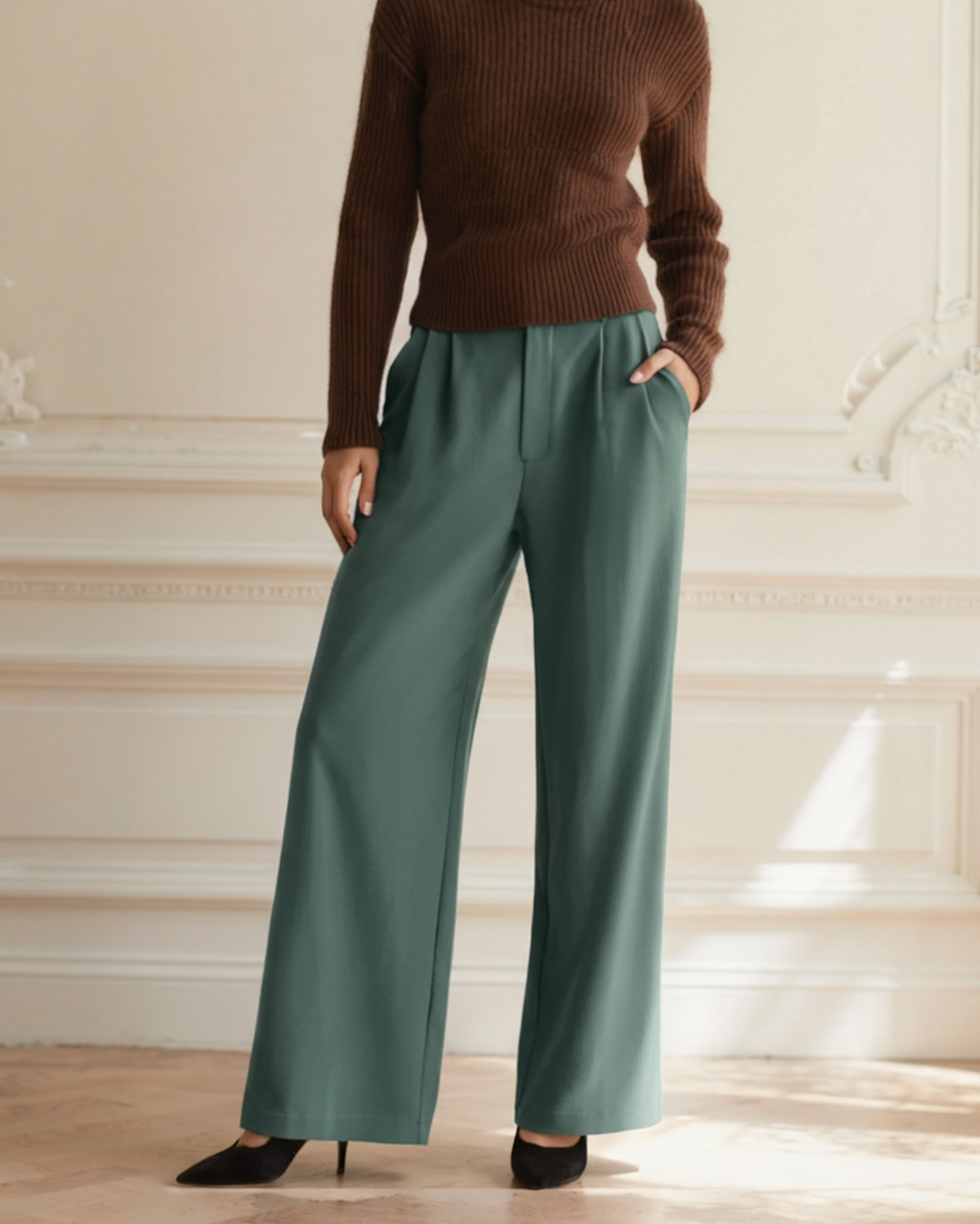 Serena Wide-Leg Trousers styling view beige trouser Italian Design