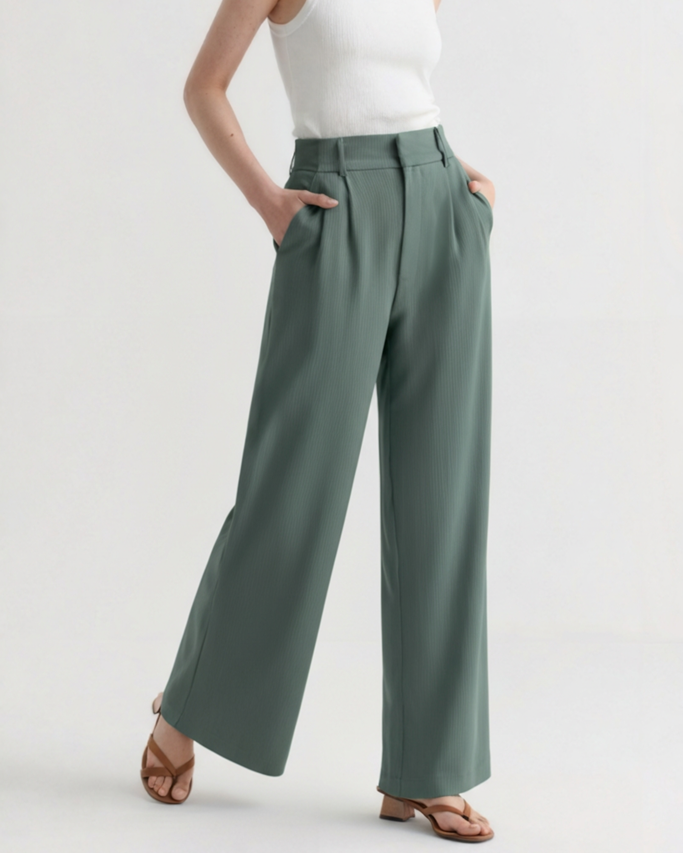 Serena Wide-Leg Trousers lifestyle view beige trouser Italian Design