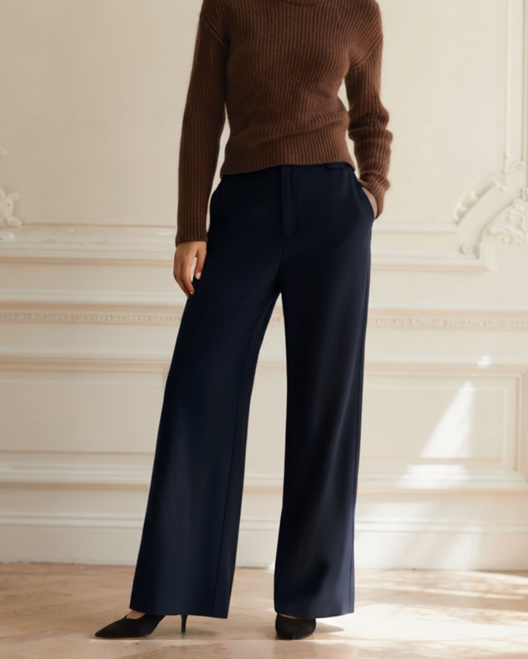 Serena Wide-Leg Trousers back view navy trouser Italian Design