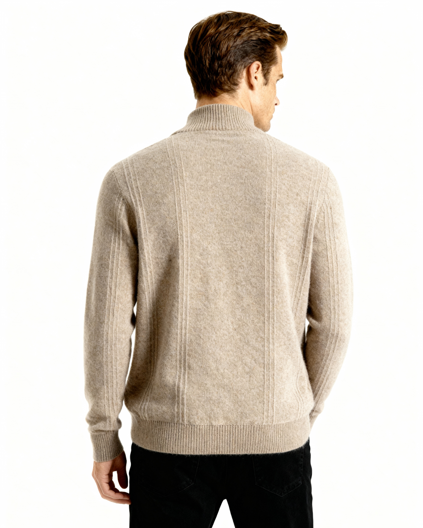 100% Cashmere Ribbed Half Zip detail view beige cashmere Italian Design