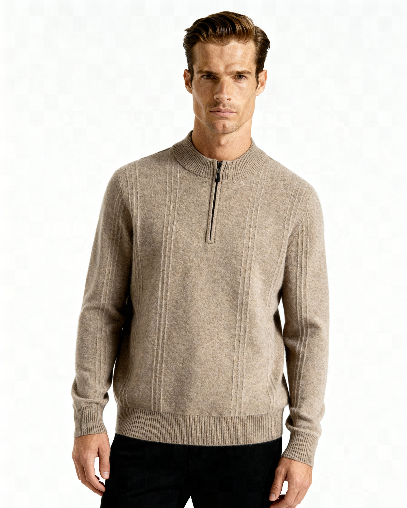 100% Cashmere Ribbed Half Zip on-body view beige cashmere Italian Design