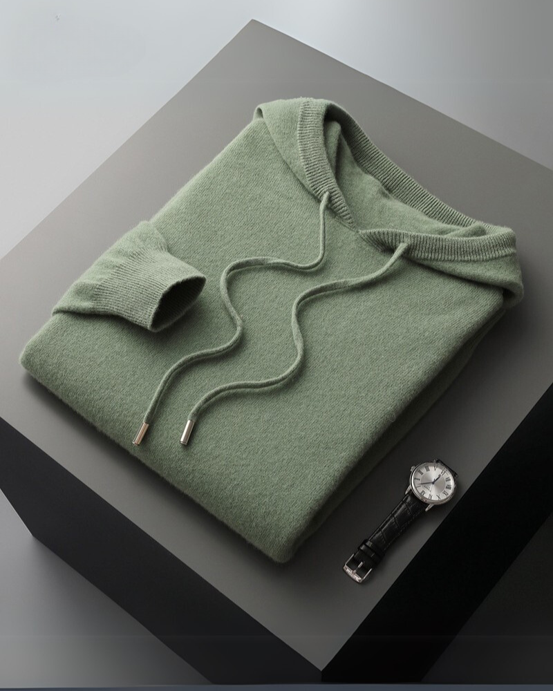 100% cashmere hoodie in Green – Positano, front view, natural texture and elegant tone.