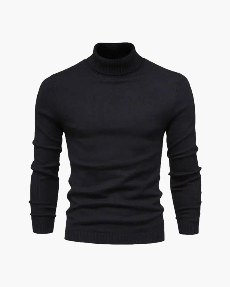 Man wearing merino wool turtleneck sweater in Black – Sorrento, front view, refined tailored fit.