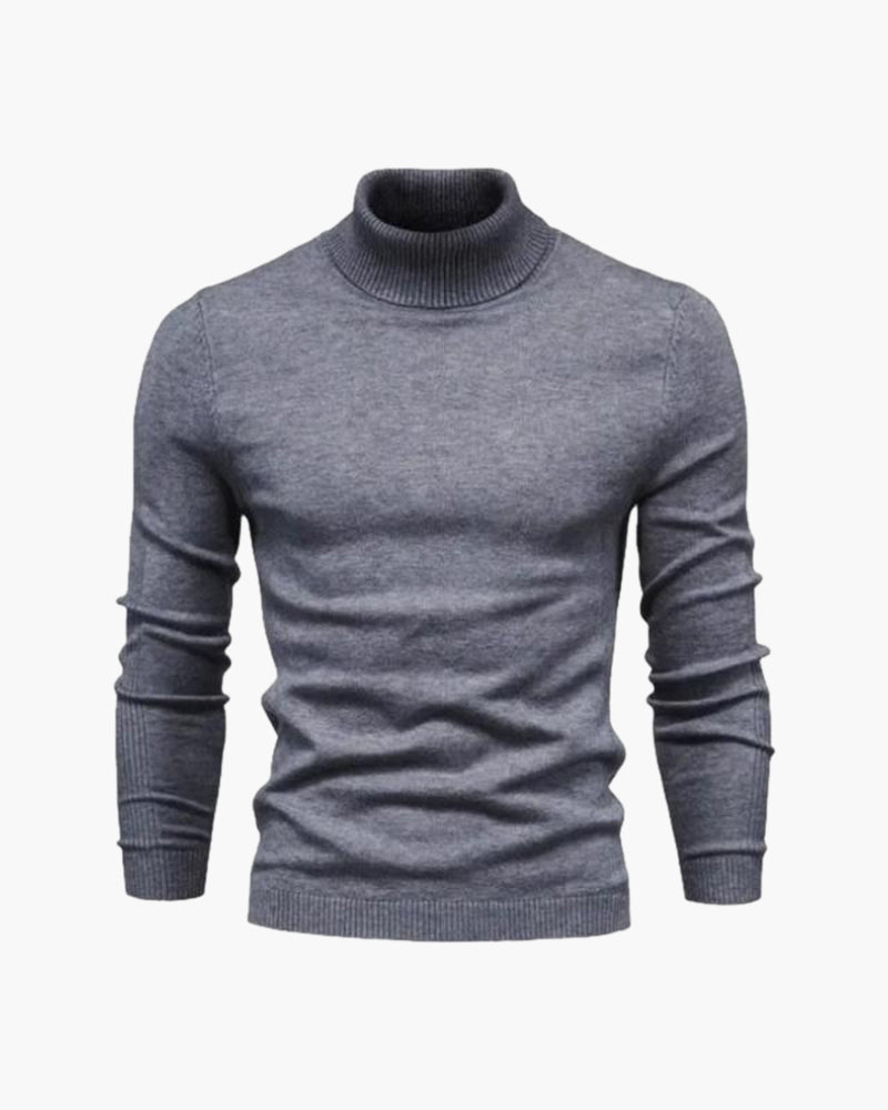 Man wearing merino wool turtleneck sweater in Gray – Sorrento, front view, lightweight knit detail.