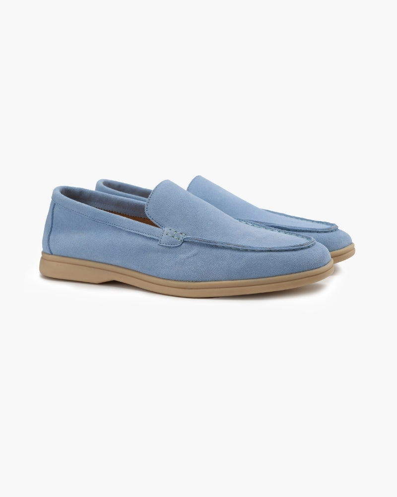 close-up stitching men's suede loafer in sabbia construction detail