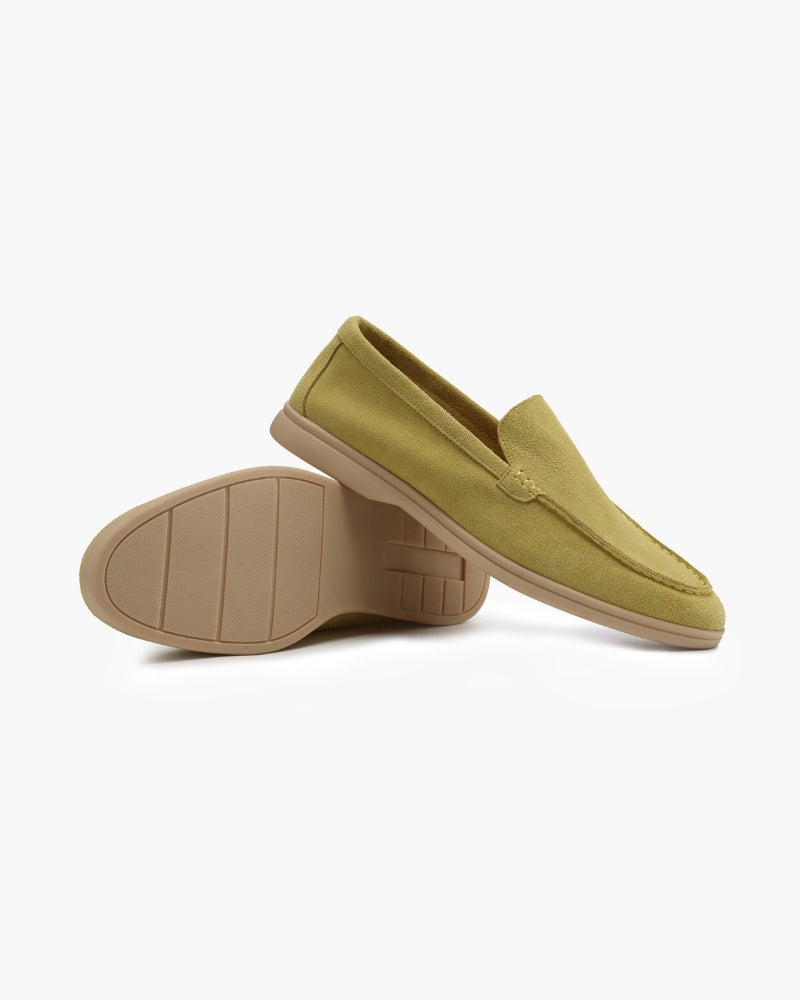 angled view men's suede loafer in olive durable rubber outsole