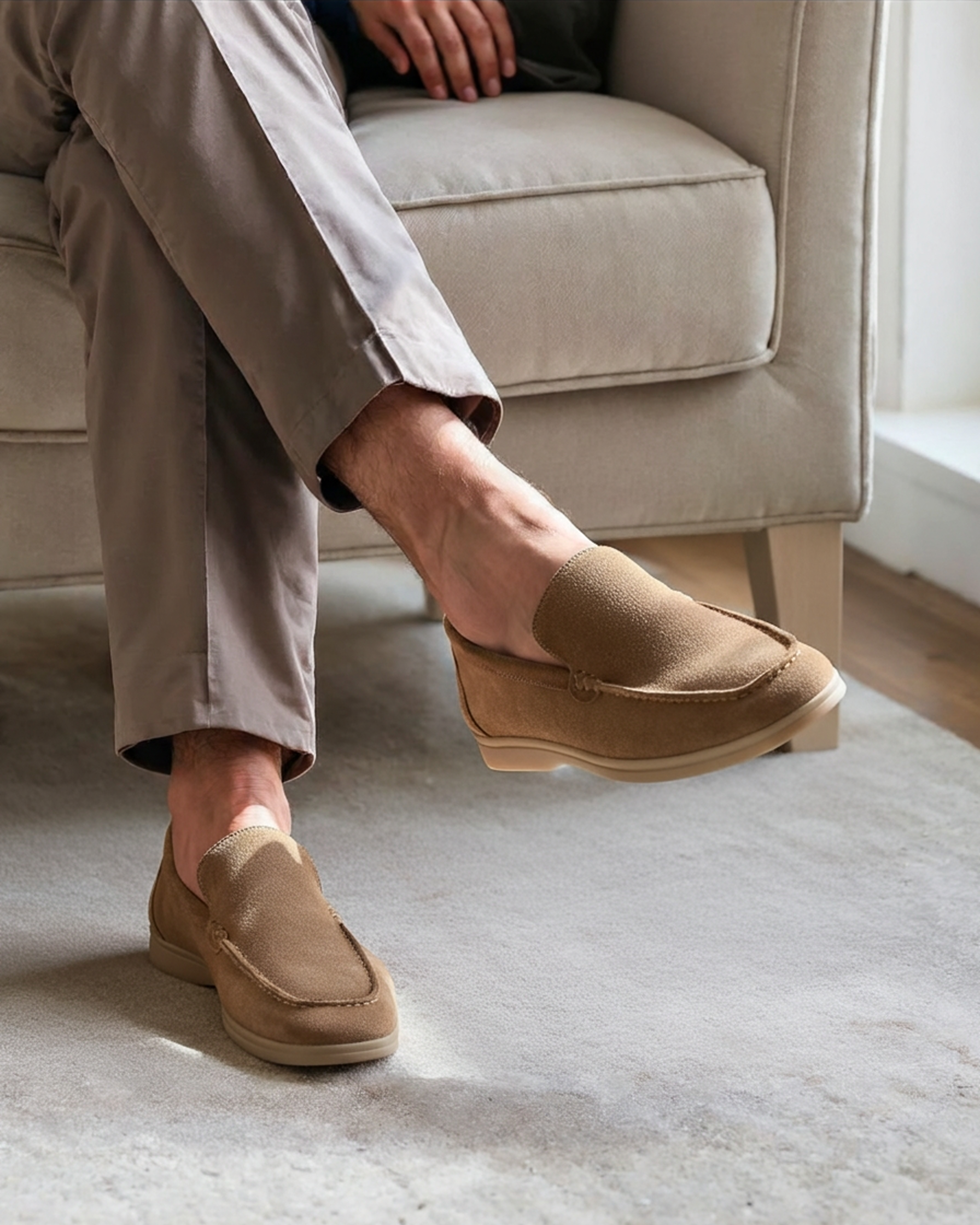 close-up men's suede loafer in olive showing suede texture