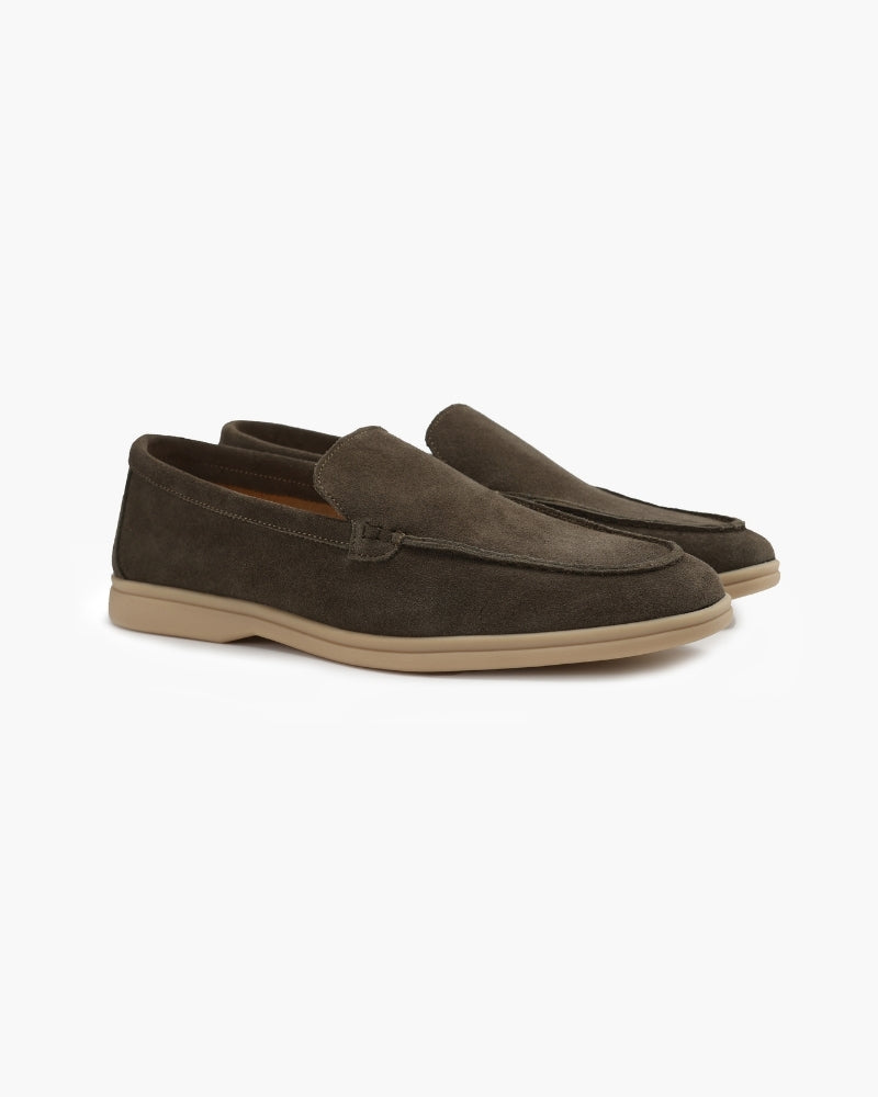 on-body front men's suede loafer in caramel with tailored trouser